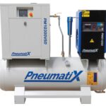 Front elevation of the Pneumatix PM10300VSD Total Air Station showing the compressor and dryer mounted on the air receiver