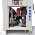 Close view of the Pneumatix PM10300VSD Total Air Station compressor section with the front panel removed