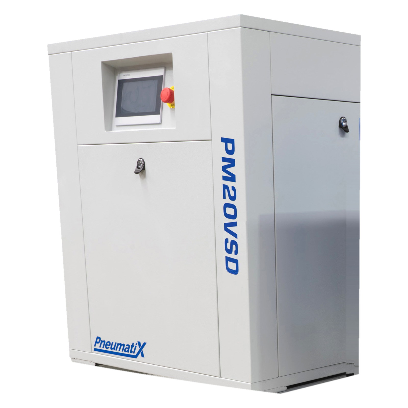 Pneumatix PM20VSD Base Mount rotary screw air compressor, three-quarter view with cabinet doors closed
