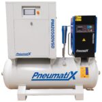 Front elevation of the Pneumatix PM20500VSD Total Air Station showing the compressor and dryer mounted on the air receiver