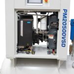 Close view of the Pneumatix PM20500VSD Total Air Station compressor section with the front panel removed