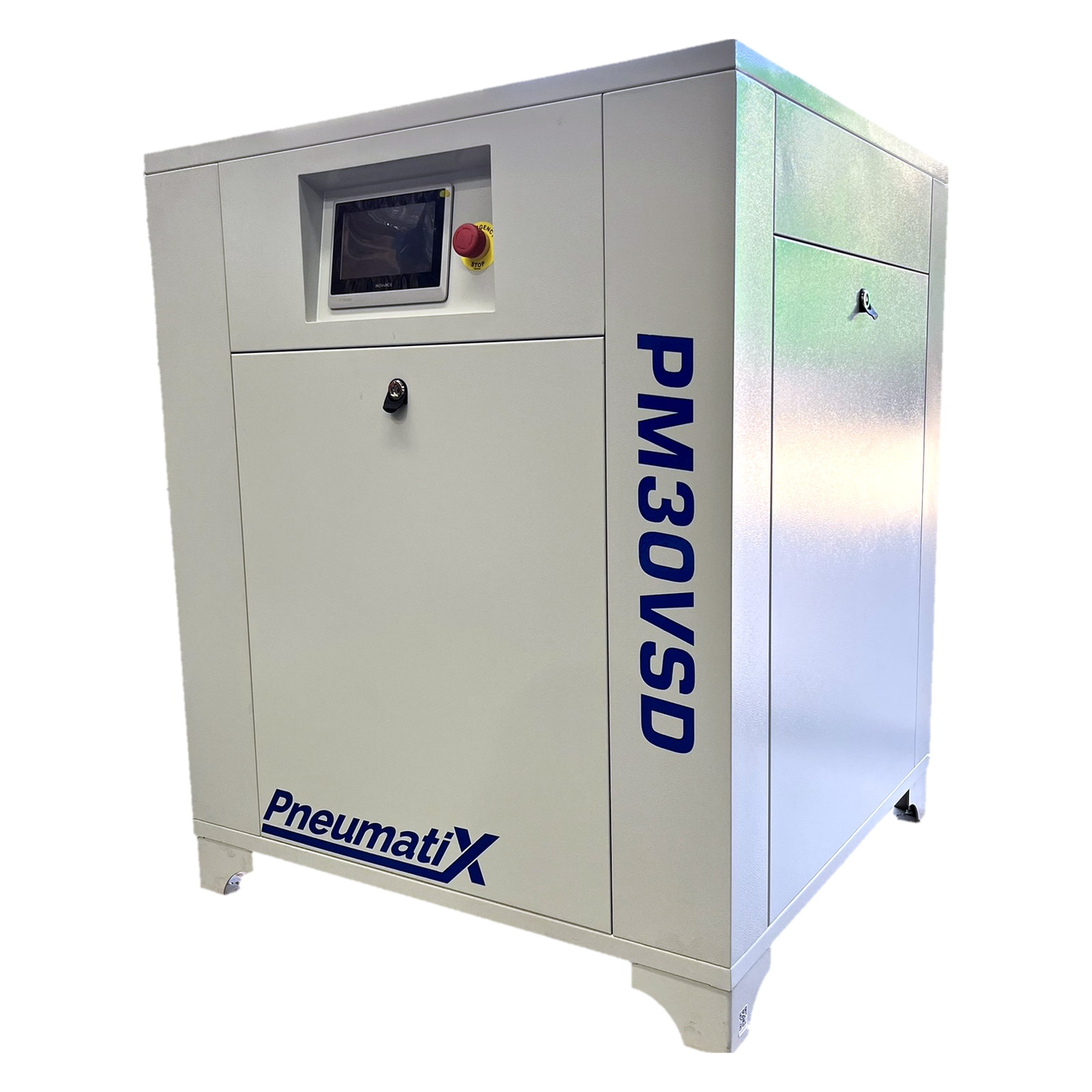 Pneumatix PM30VSD Base Mount rotary screw air compressor, three-quarter view with cabinet doors closed